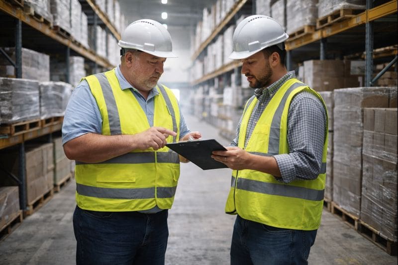 现代化自动化仓库内部实景，AGV车队与货架穿梭其中