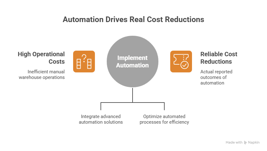 Bar chart showing 80% of warehouses using advanced automation reported lower operating costs in 2024, with breakdown by cost category