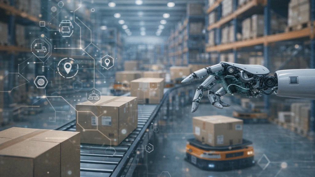 Robotic arm interacting with packages on a warehouse conveyor, with digital supply chain icons overlaying shelves, boxes, and autonomous logistics systems in a modern fulfillment center.